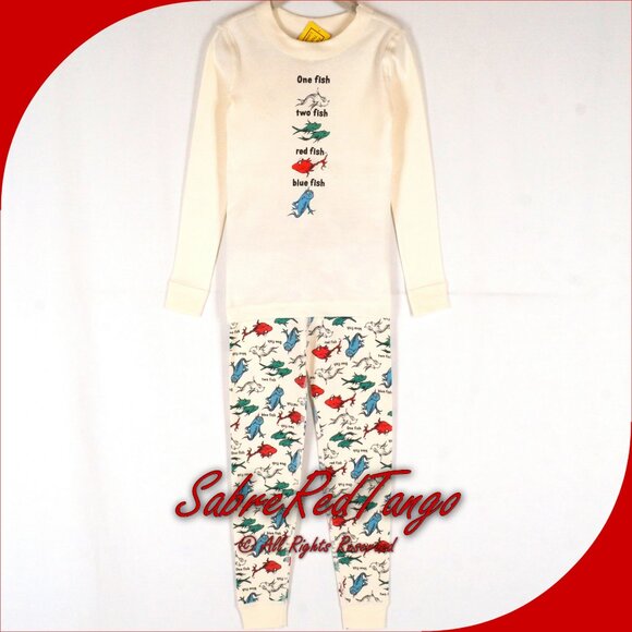 NWT Hanna Andersson Organic Long Johns Pajamas Dr Seuss 1 Fish 2 Fish 140 10 - Picture 1 of 7